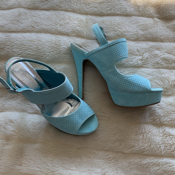 Y2K Turquoise suede platform stiletto pumps strappy high heels 10 - Picture 4 of 12